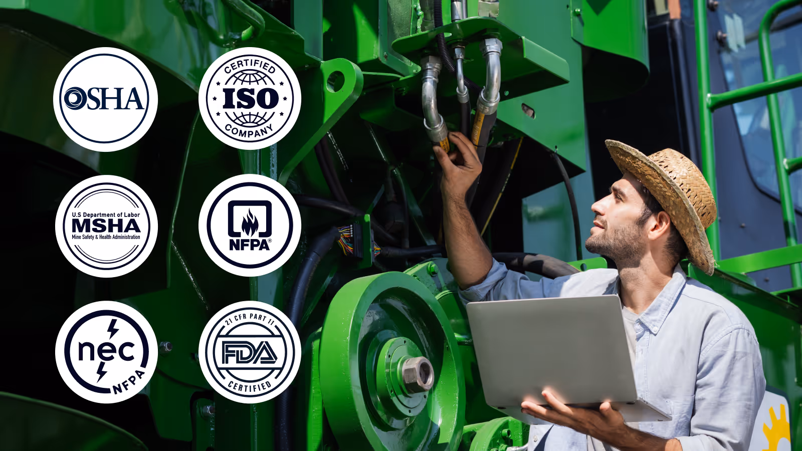 Farmer in a straw hat holding a laptop inspects green agricultural machinery with various safety and certification logos on the left side.